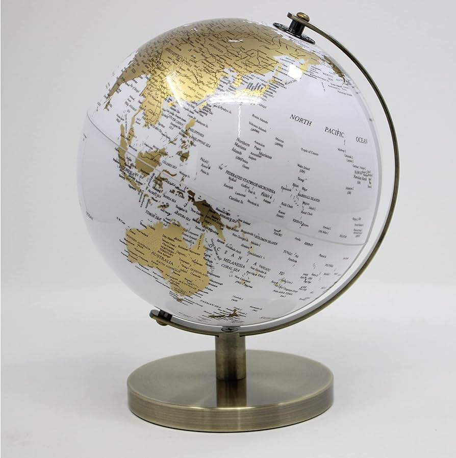 Vinatge Rotating World Globe Map White & Gold Large