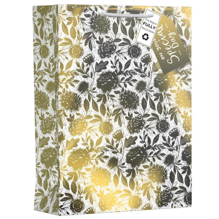 Giftmaker Gift Bag Gold Flowers Medium 33 x 26.5cm