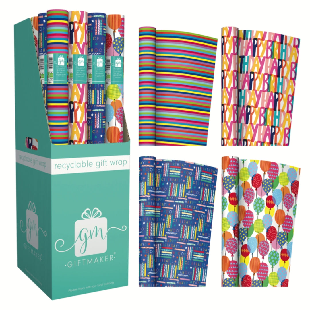 Giftmaker Gift Wrapping Paper Roll 0.69 x 3m - Birthday x 1pc Assortment