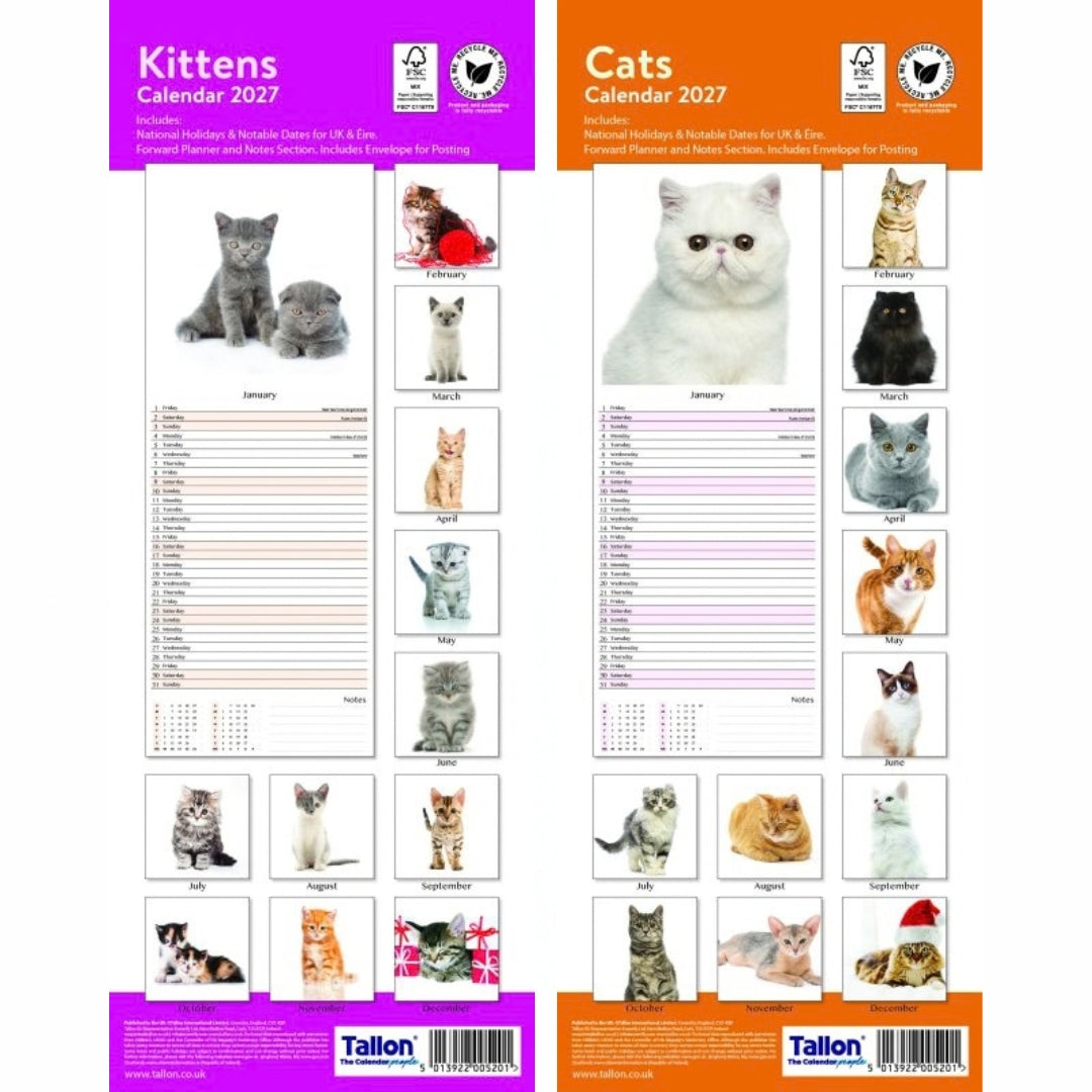 Super Slim Tallon Calendar - 2027 - Cats & Kittens x 1pc Assortment