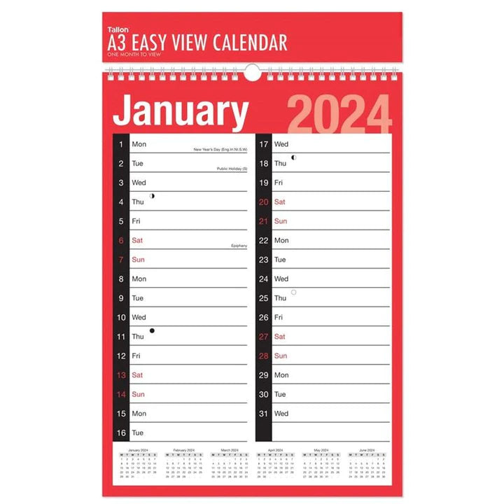 2024 A3 Two Column Month To View Red & Black Commercial Planner