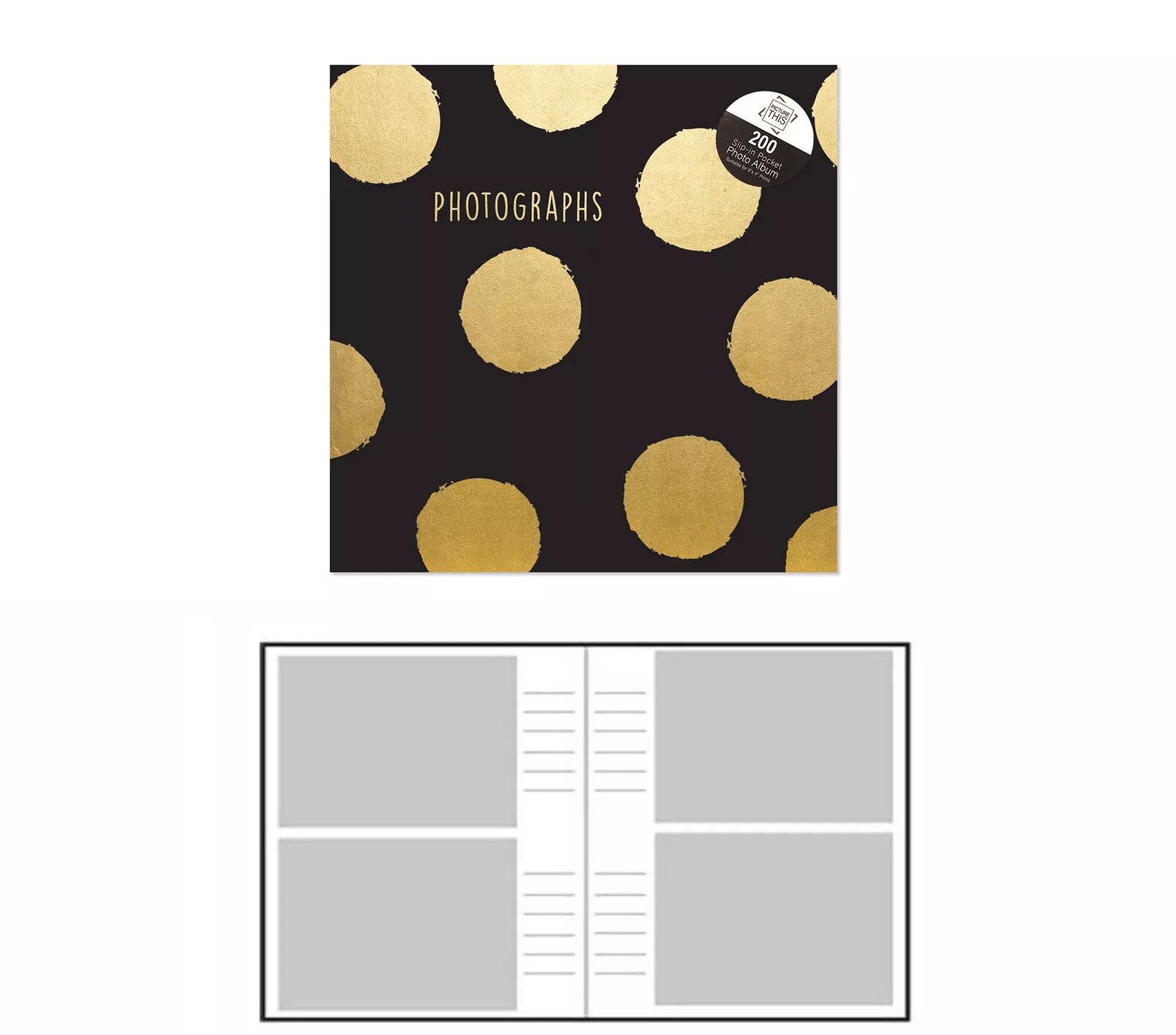 Gold Foil Polka Dots 6" x 4" Slip in Photo Album Memo Holds 200 Pocket