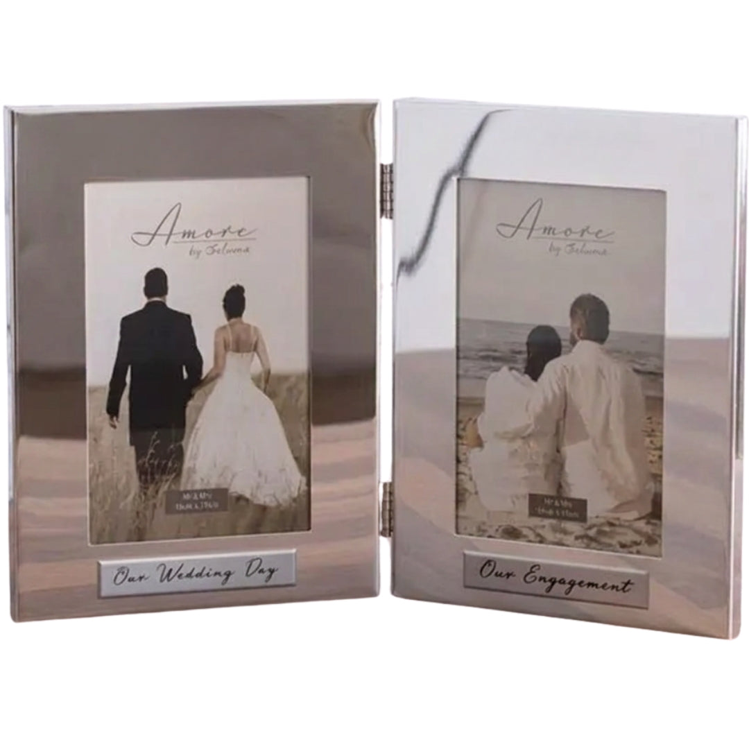 Amore - Silver Plated Photo Frame - Double-Foldable Portrait - 10 x 15cm / 4" x 6" - Our Engagement & Our Wedding Day