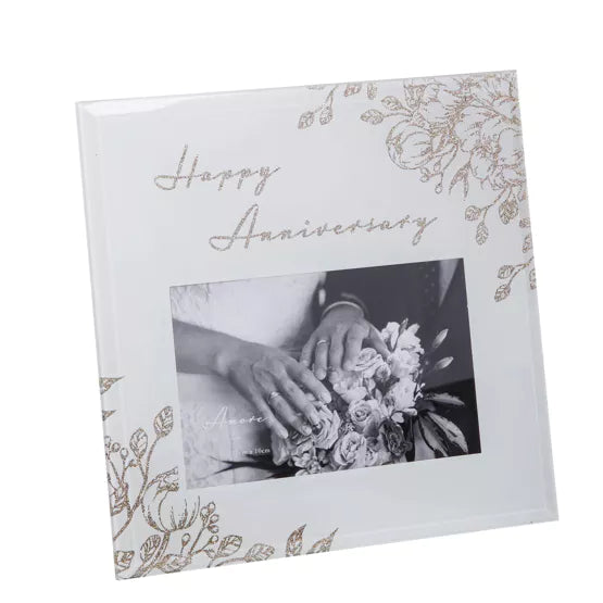 Happy Anniversary White Glass Gold Floral Photo Frame 10 x 15cm