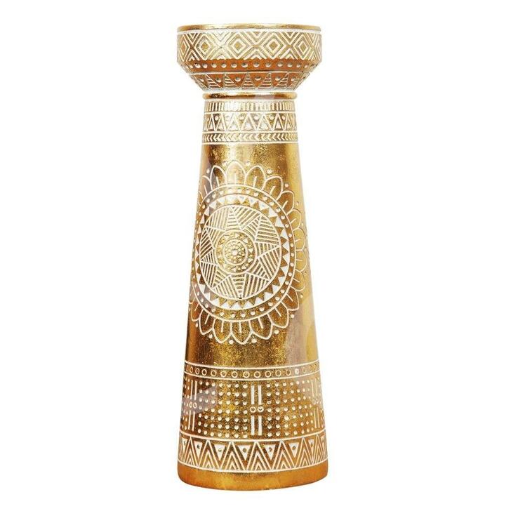 Gold Finish Pillar Candle Holder with Ornate Pattern 30 x 10 x 10cm