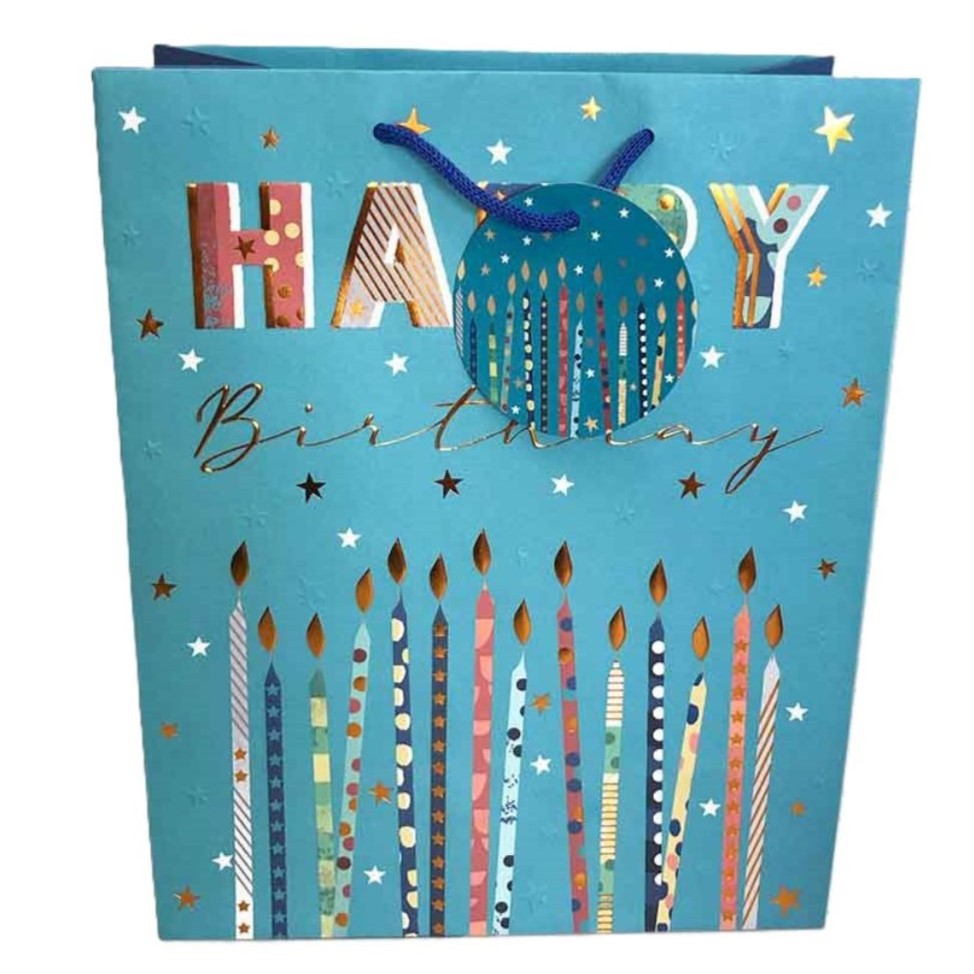 Noel Tatt Gift Bag Blue Happy Birthday With Candles Medium 31 x 26cm