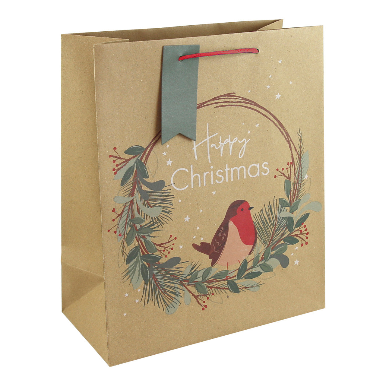 Gift Bag Kraft Robin & Wreath Medium 33 x 26.5cm