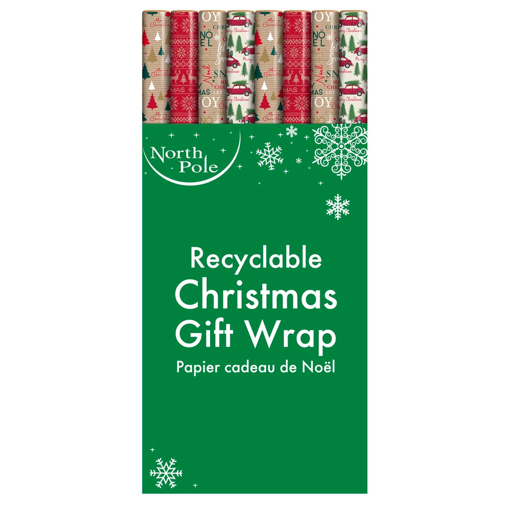 Eurowrap Christmas Wrapping Paper Roll 0.7 x 4m - Kraft x 1pc Assortment