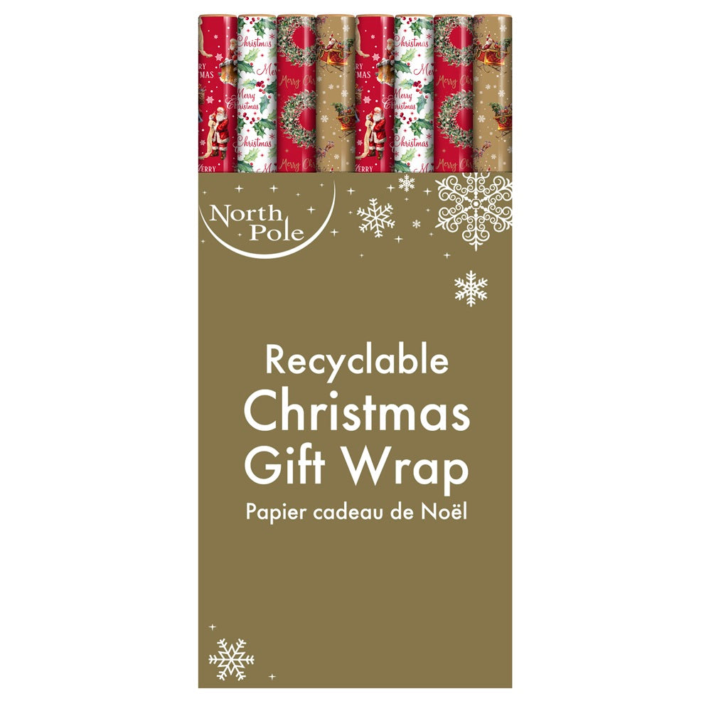 Eurowrap Christmas Wrapping Paper Roll 0.7 x 4m - Classic x 1pc Assortment