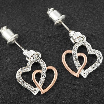 Equilibrium Silver Plated Matt & Sparkling 2 Hearts Earrings