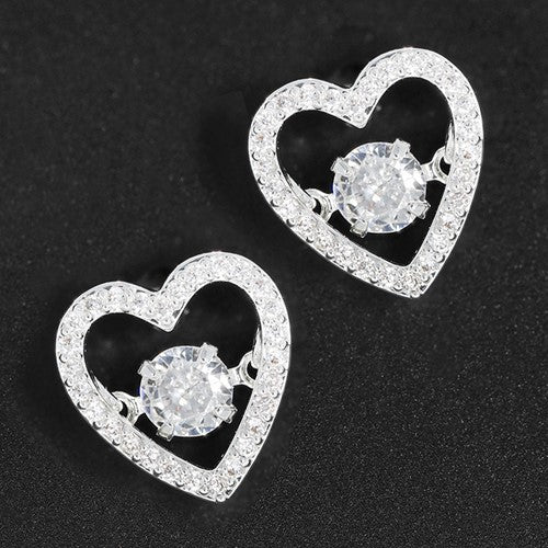 Moving Crystal Glam Heart Shaped Silver Plated Earrings