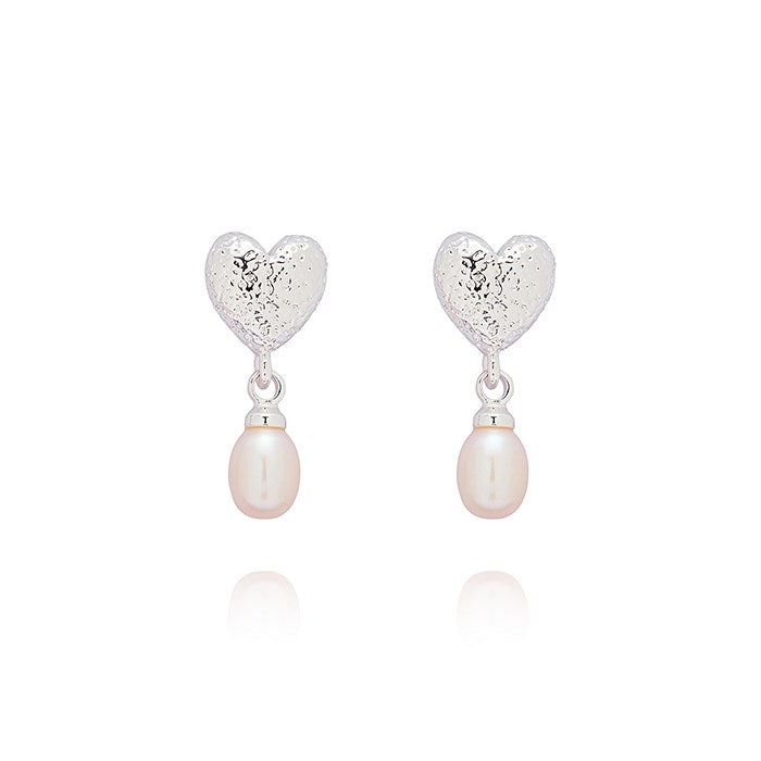 Equilibrium Silver Plated Freshwater Pearl Textured Heart Earrings