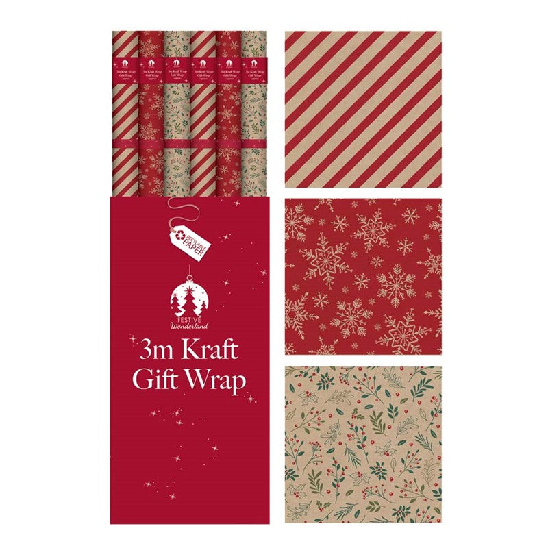 Christmas Kraft Wrapping Paper 3m x 1pc Assortment