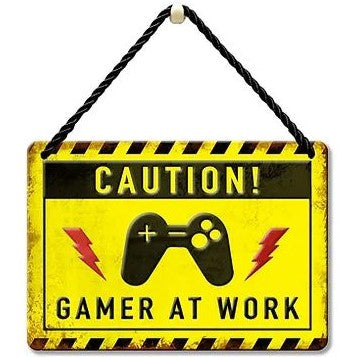 Hang-Ups! Hanging Tin Plaques 11.5 x 16.5cm - Caution! Gamer At Work
