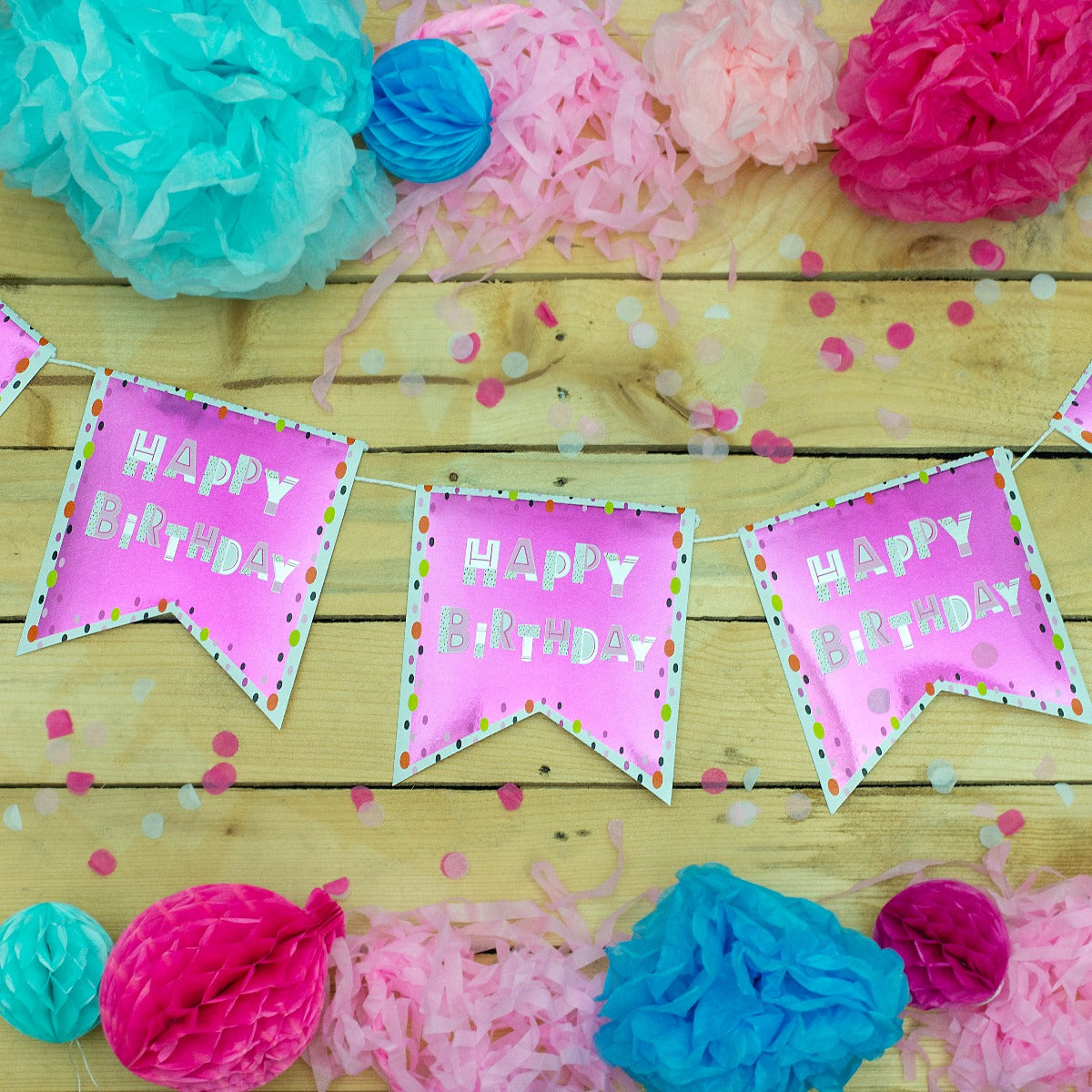 Pukka Party - 10 Bunting Flags - Happy Birthday Pink