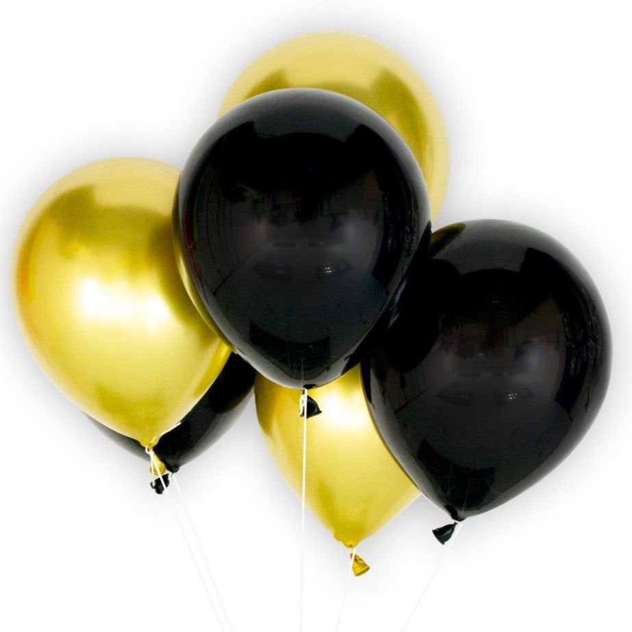 12" Black & Gold Latex Balloons (air & helium)