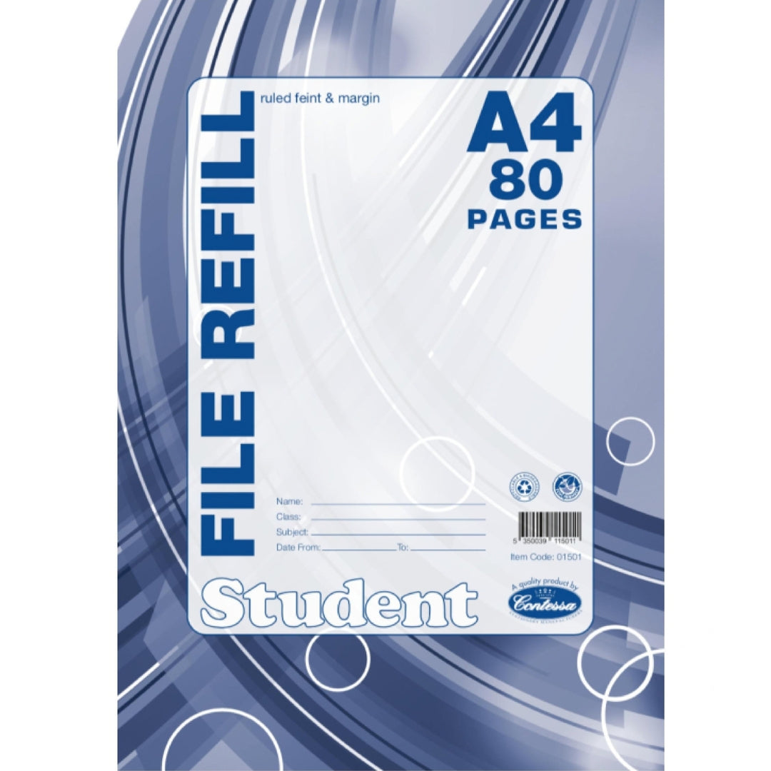 A4 Contessa Student File Refill - 80pgs - Ruled Feint & Margin