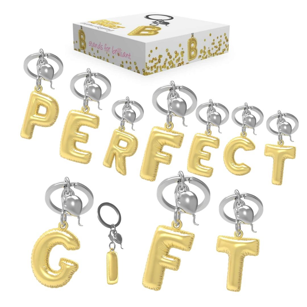 Alphabet Golden Balloon Keychains + Charm - I