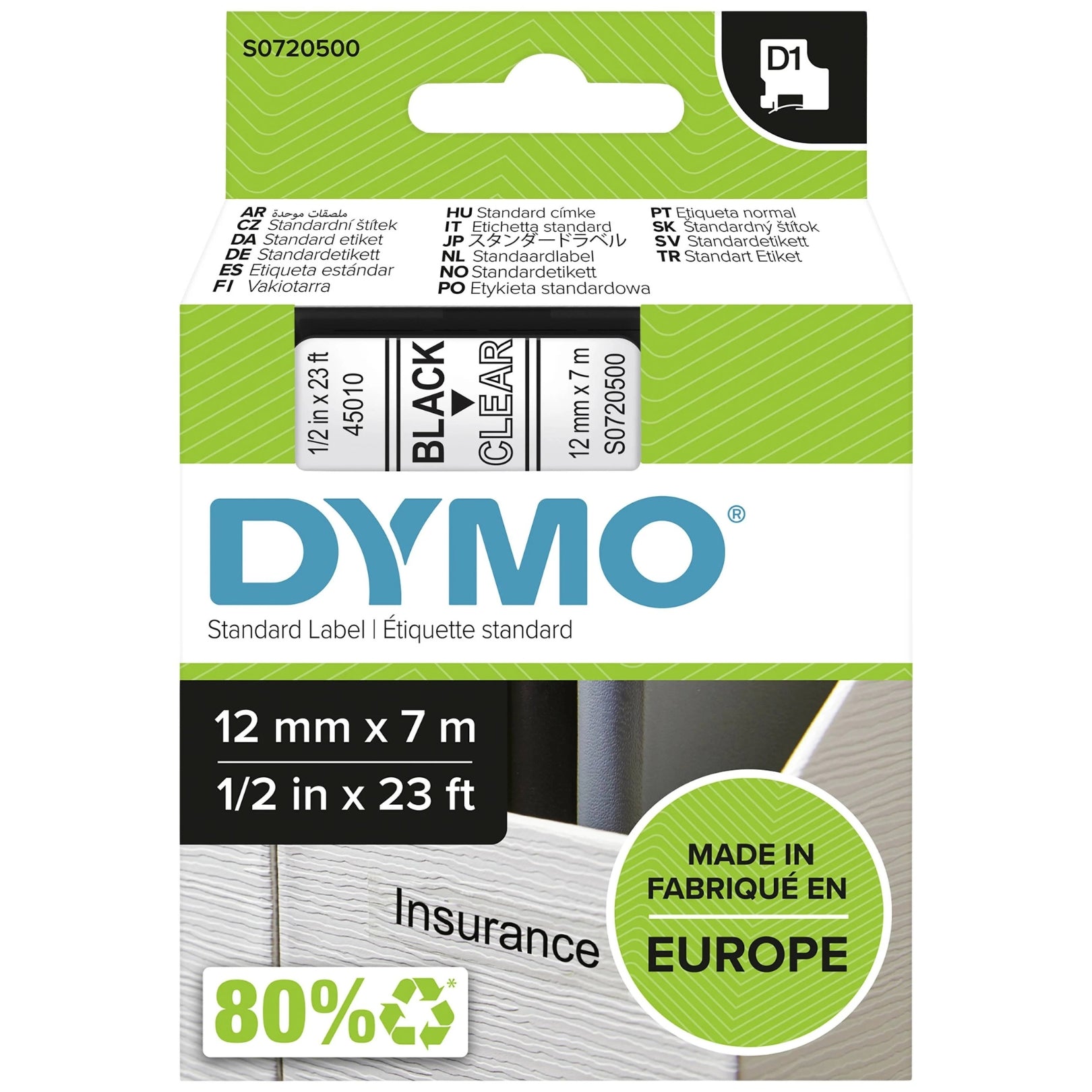 Dymo D1 Label Tape Black On Clear Plastic 12mm x 7m