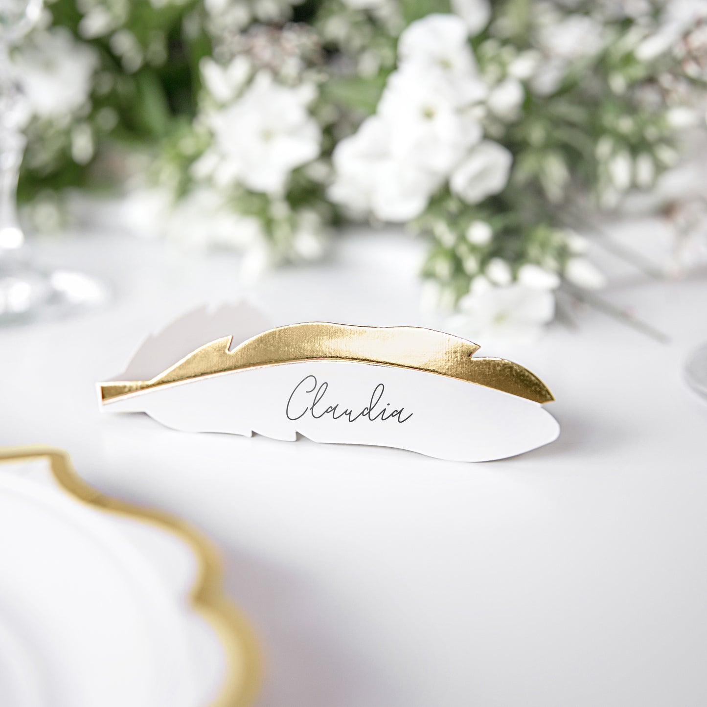 Table Place Cards A Pack Of 10pcs 10.5 x 3cm - White Feather With Gold