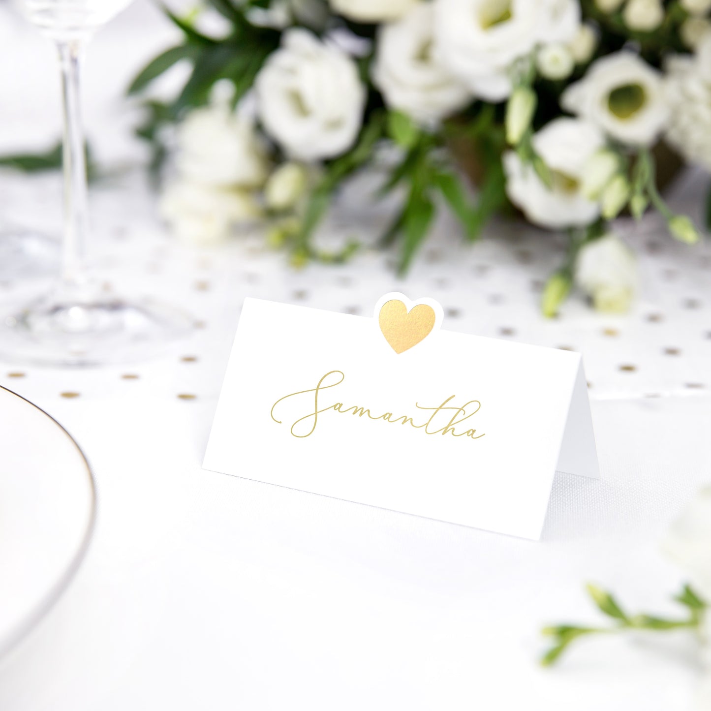 Wedding Table Place Cards A Pack Of 10pcs 10 x 5cm - White With Gold Heart