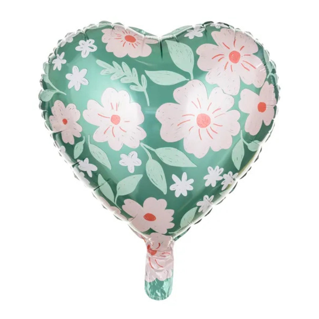 PartyDeco Helium Foil Balloon 35cm - Heart Green With Flowers