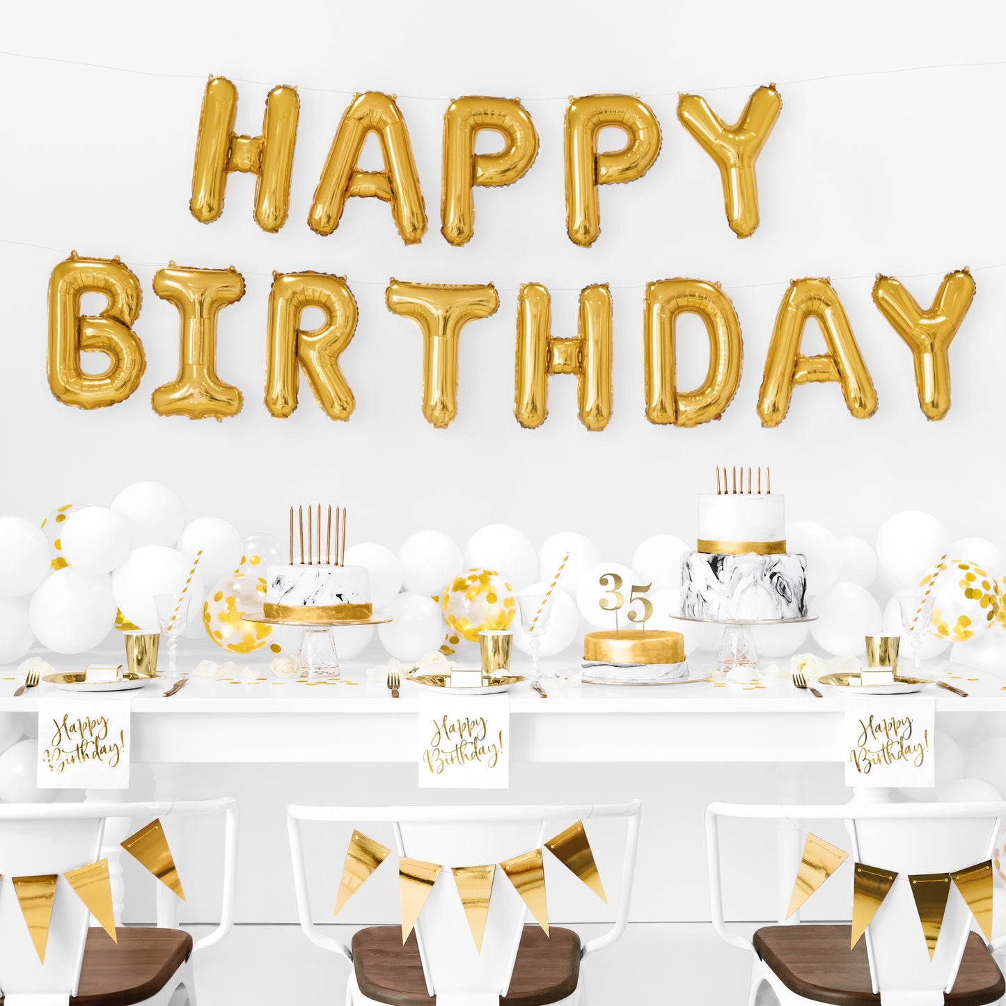 Air-Fill Foil Balloon Banner 340 x 35cm - Gold Happy Birthday