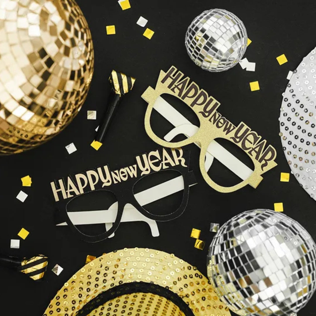 PartyDeco Paper Party Glasses A Pack Of 6pcs - Happy New Year Black & Gold