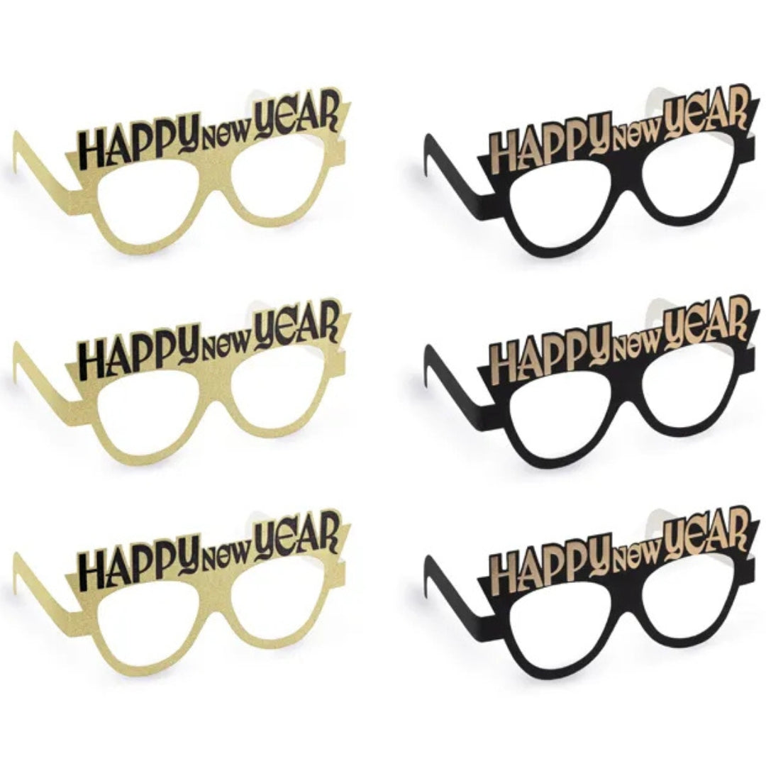 PartyDeco Paper Party Glasses A Pack Of 6pcs - Happy New Year Black & Gold