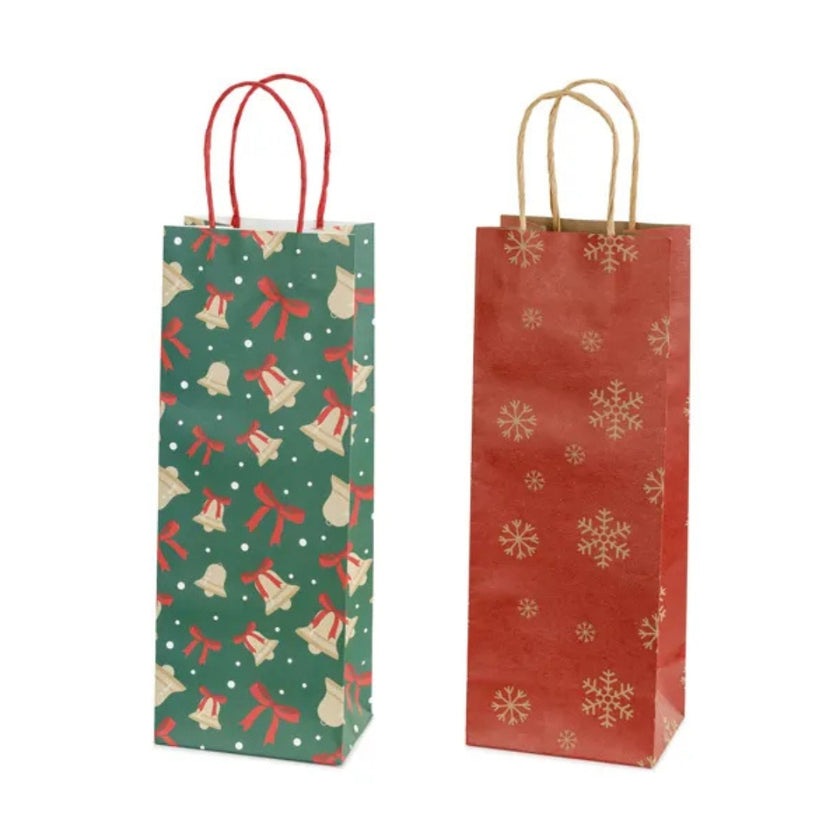 PartyDeco Gift Bottle Bag 33.5 x 12.5 x 9cm - Snowflakes & Bells x 1pc Assortment