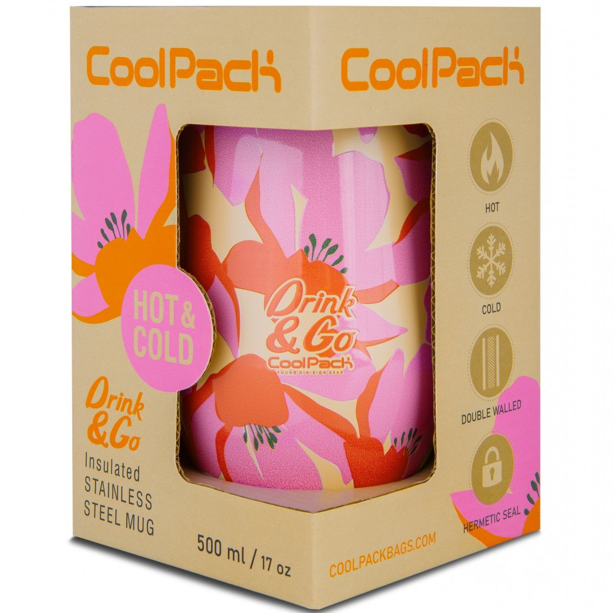 CoolPack Drink & Go Insulated Stainless Steel Mug 500ml - Flores Rosa