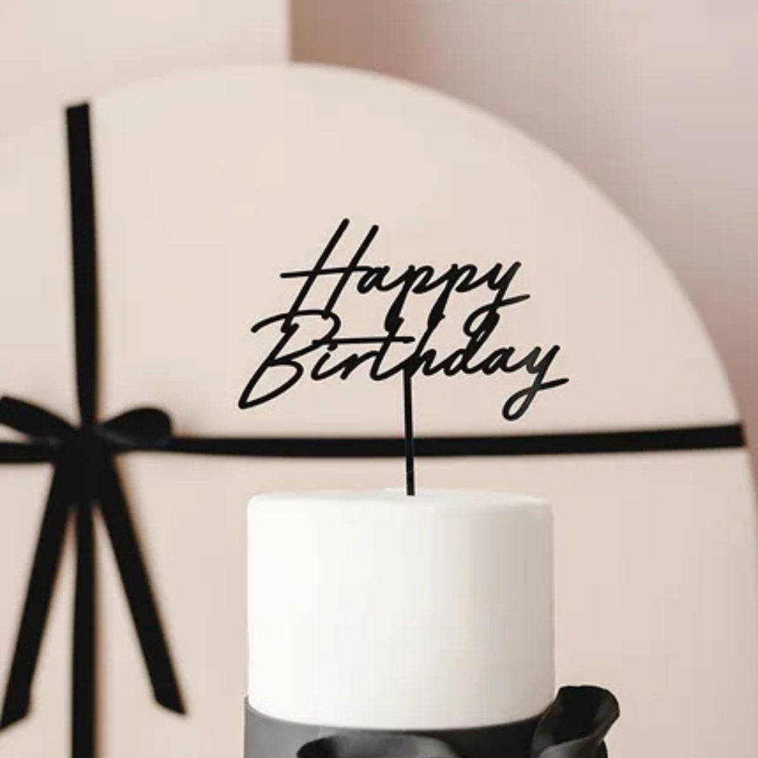PartyDeco Acrylic Cake Topper 16.5cm - Happy Birthday Black