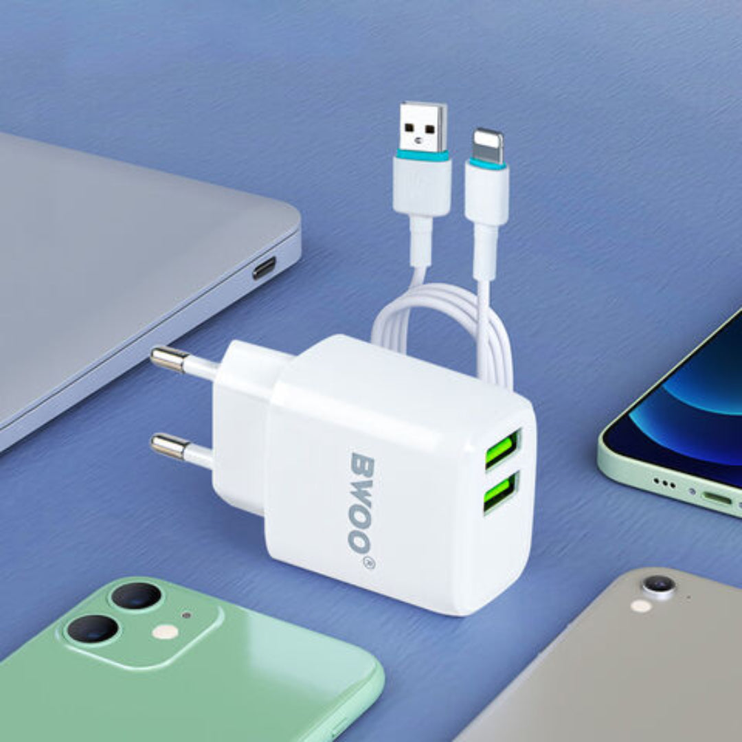 Bwoo 2 USB Fast Charger With Lightning Cable 1m