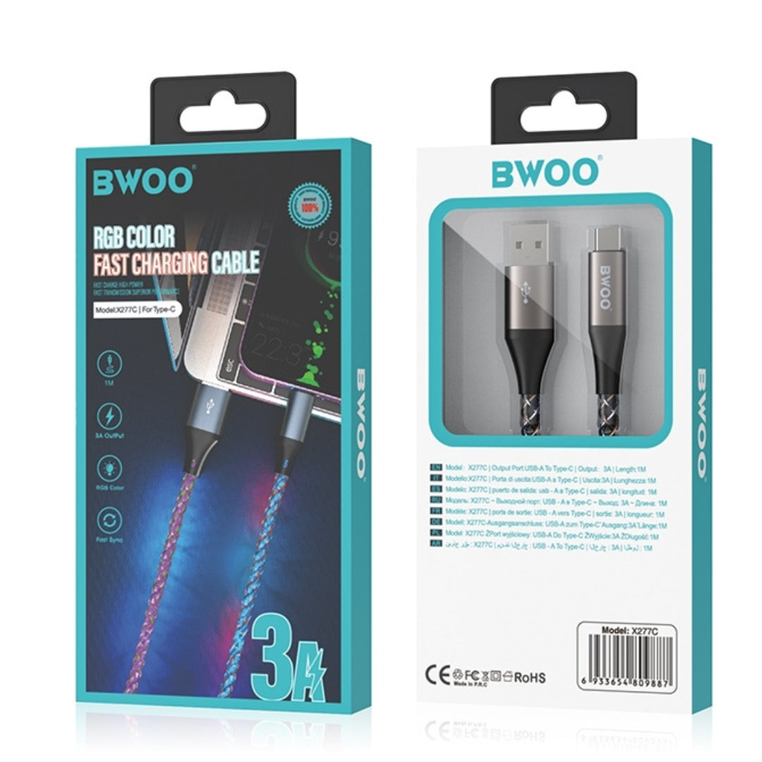 Bwoo 3A Fast Charging Cable With RGB Colour - USB To Type-C