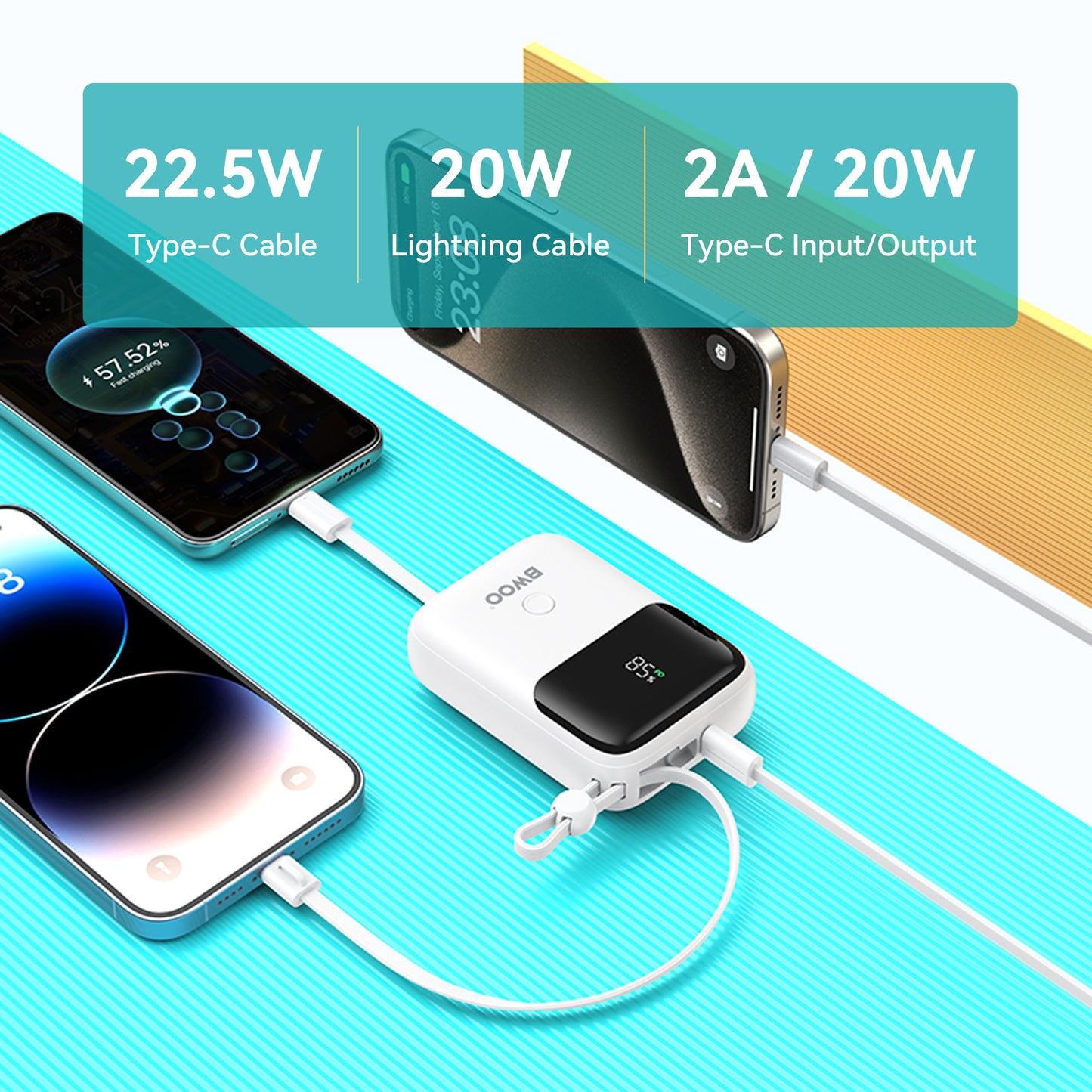 Bwoo Dual-Cable Power Bank 10000mAh - White