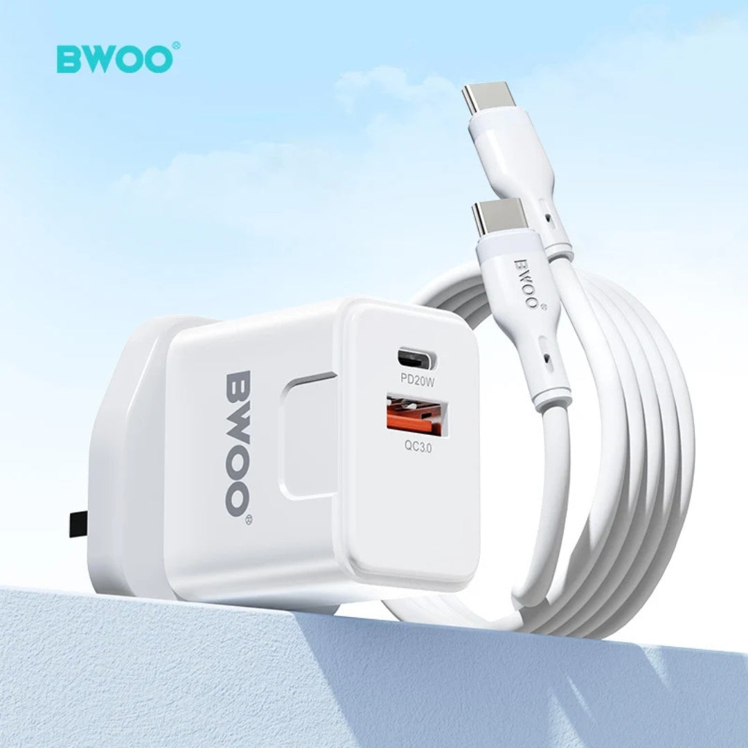 Bwoo PD 20W + QC 18W Charging Kit With 65W Data Cable - Type-C To Type-C - 1m