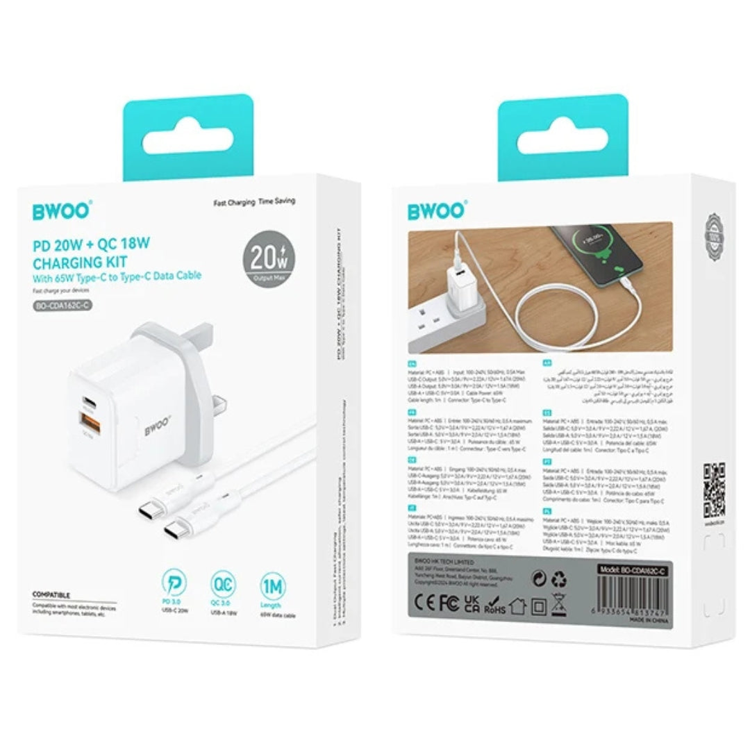 Bwoo PD 20W + QC 18W Charging Kit With 65W Data Cable - Type-C To Type-C - 1m