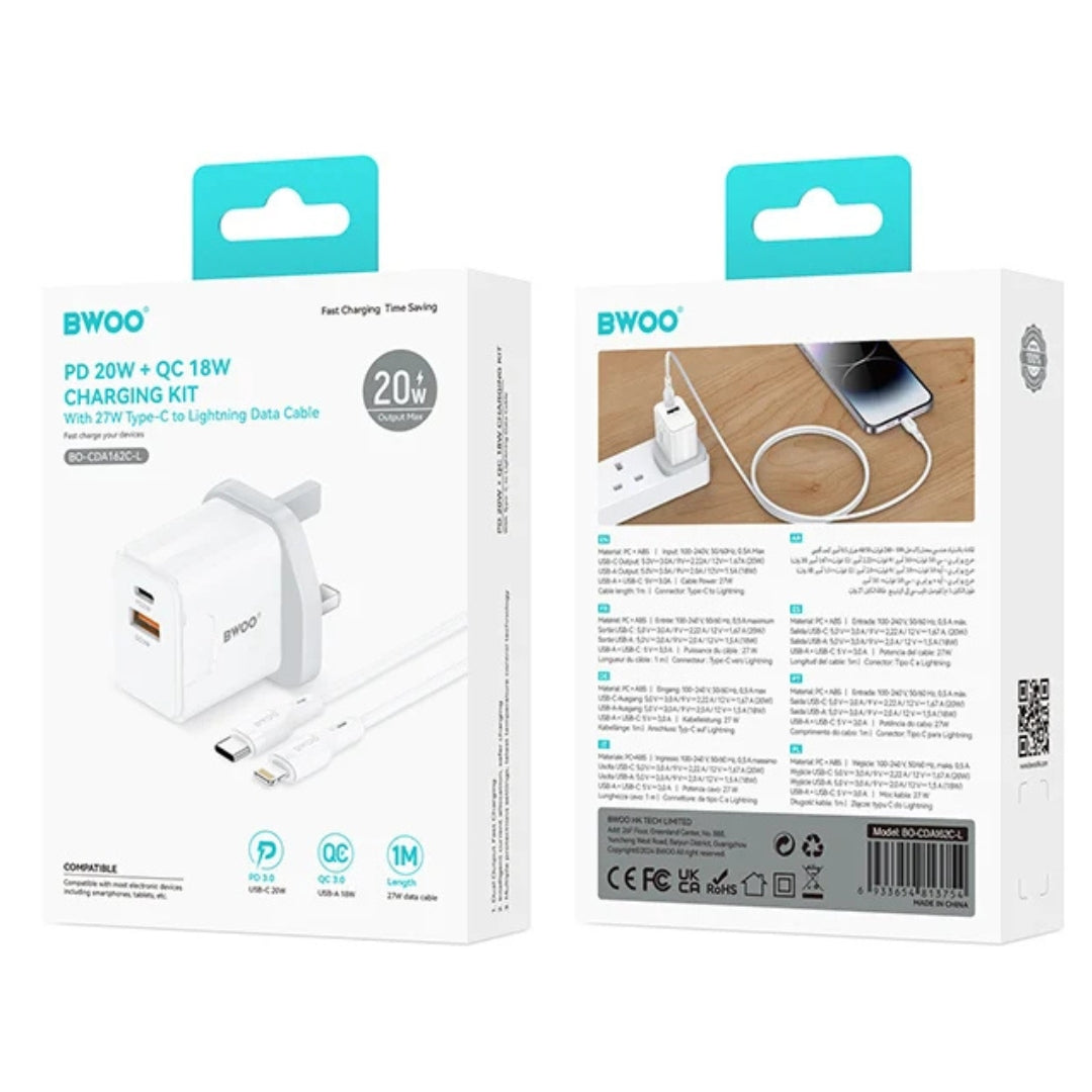 Bwoo PD 20W + QC 18W Charging Kit With 27W Data Cable - Type-C To Lightning - 1m