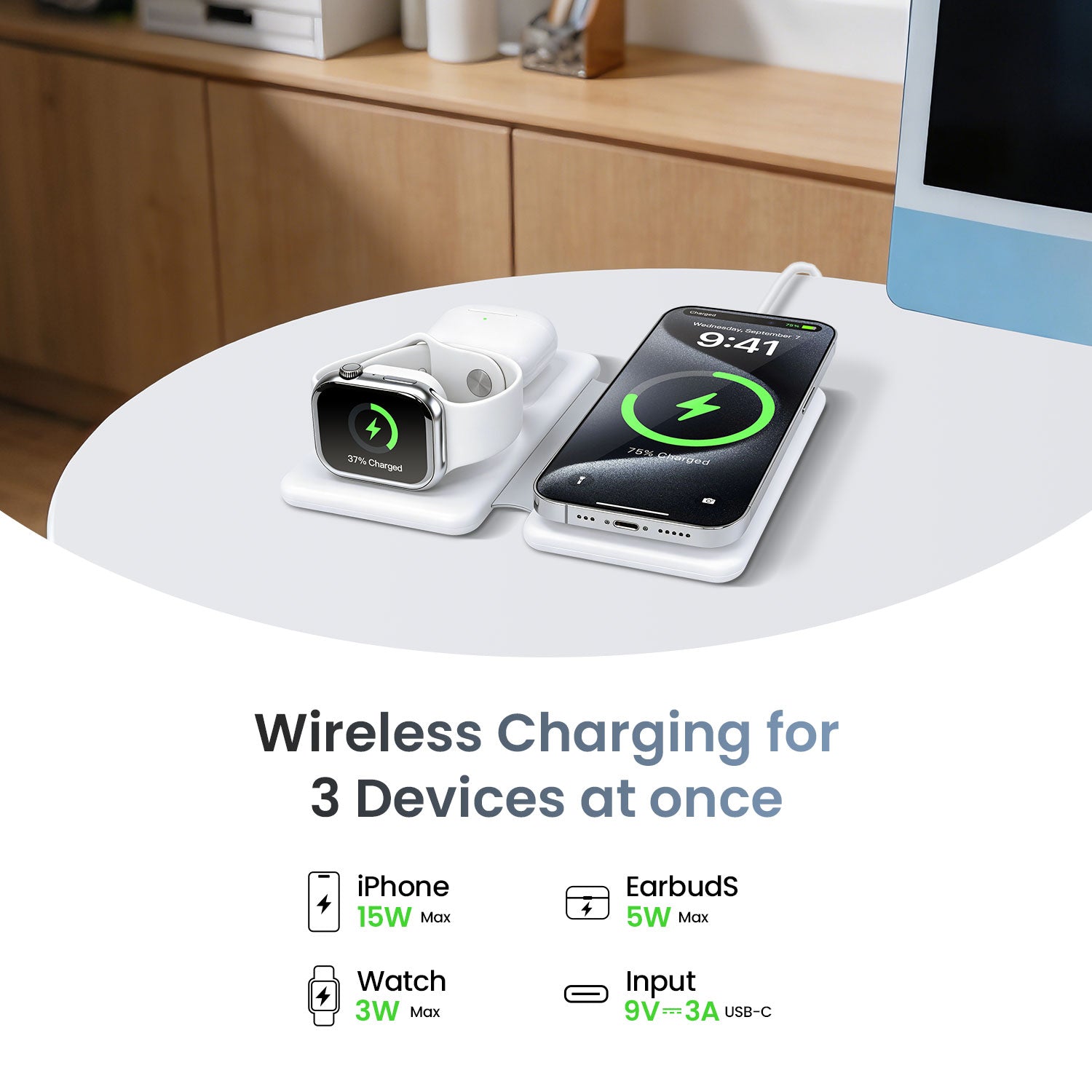 Bwoo 3 In 1 Wireless Charging Station With Foldable Design - White
