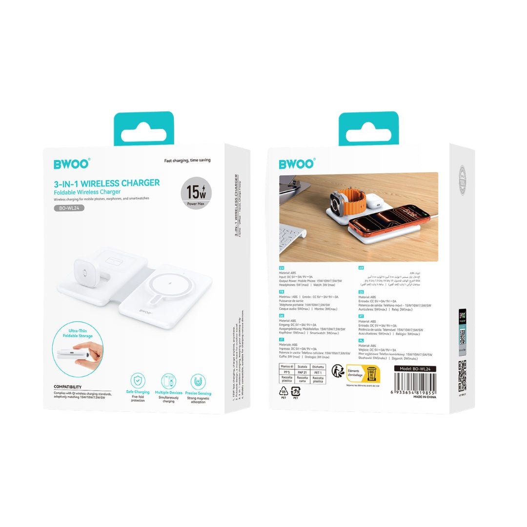 Bwoo 3 In 1 Wireless Charging Station With Foldable Design - White