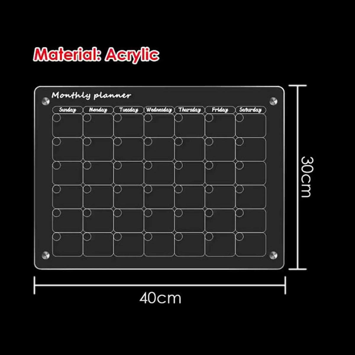 Foska Glass Dry Erase MONTHLY Planner - 30 x 40 x 0.3cm