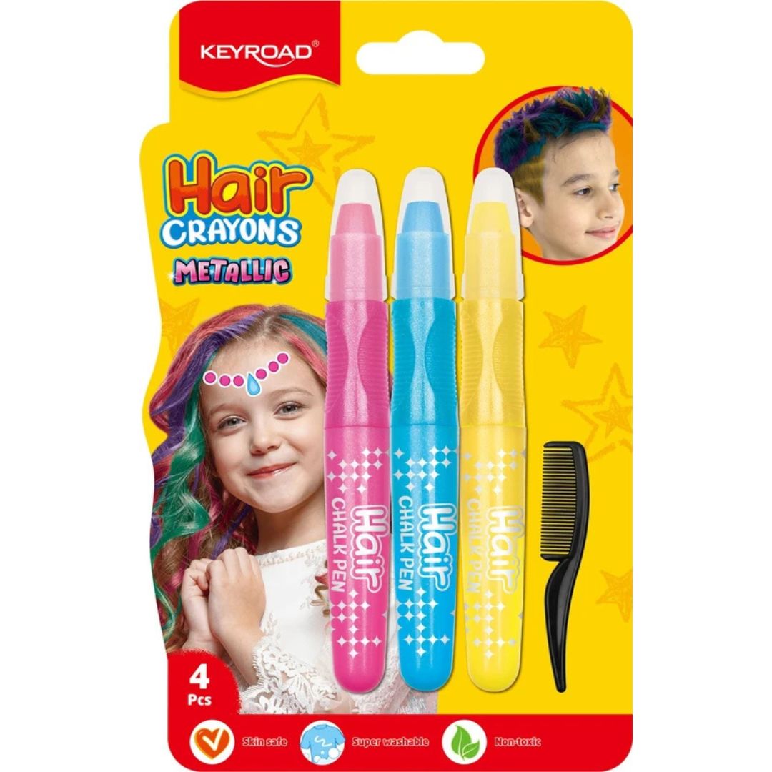 Keyroad Hair Crayons Metallic A Pack Of 4pcs - Pink, Blue And Yellow