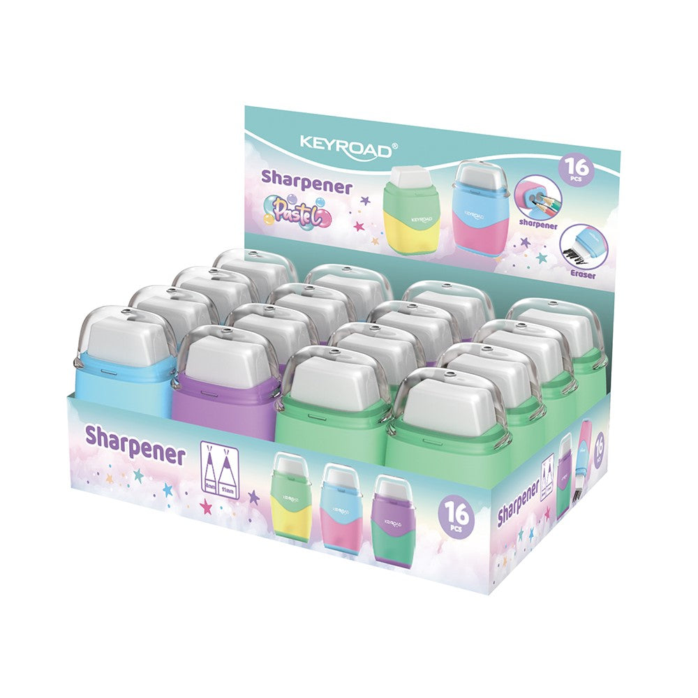 Keyroad Sharpener Dual Hole + Eraser - Pastel x 1pc Assortment