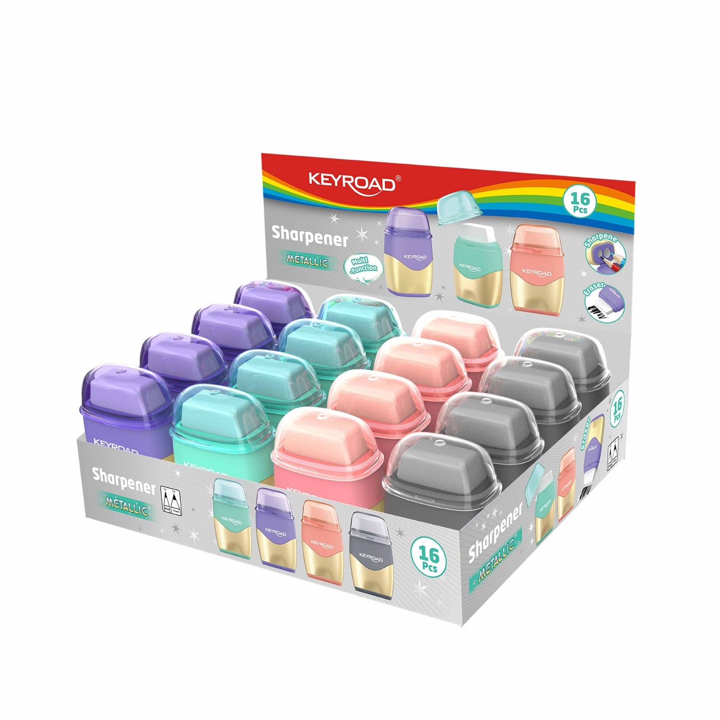 Keyroad Sharpener Dual Hole + Eraser - Metallic x 1pc Assortment