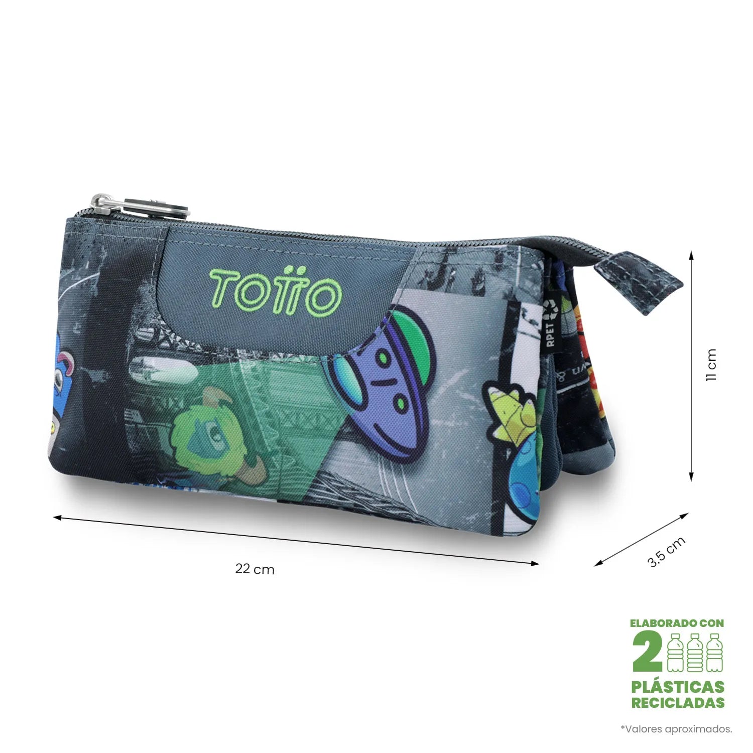 Totto 3 Compartments Pencil Case 11 x 22 x 3.5cm - Multiuso Tablero - 2EC