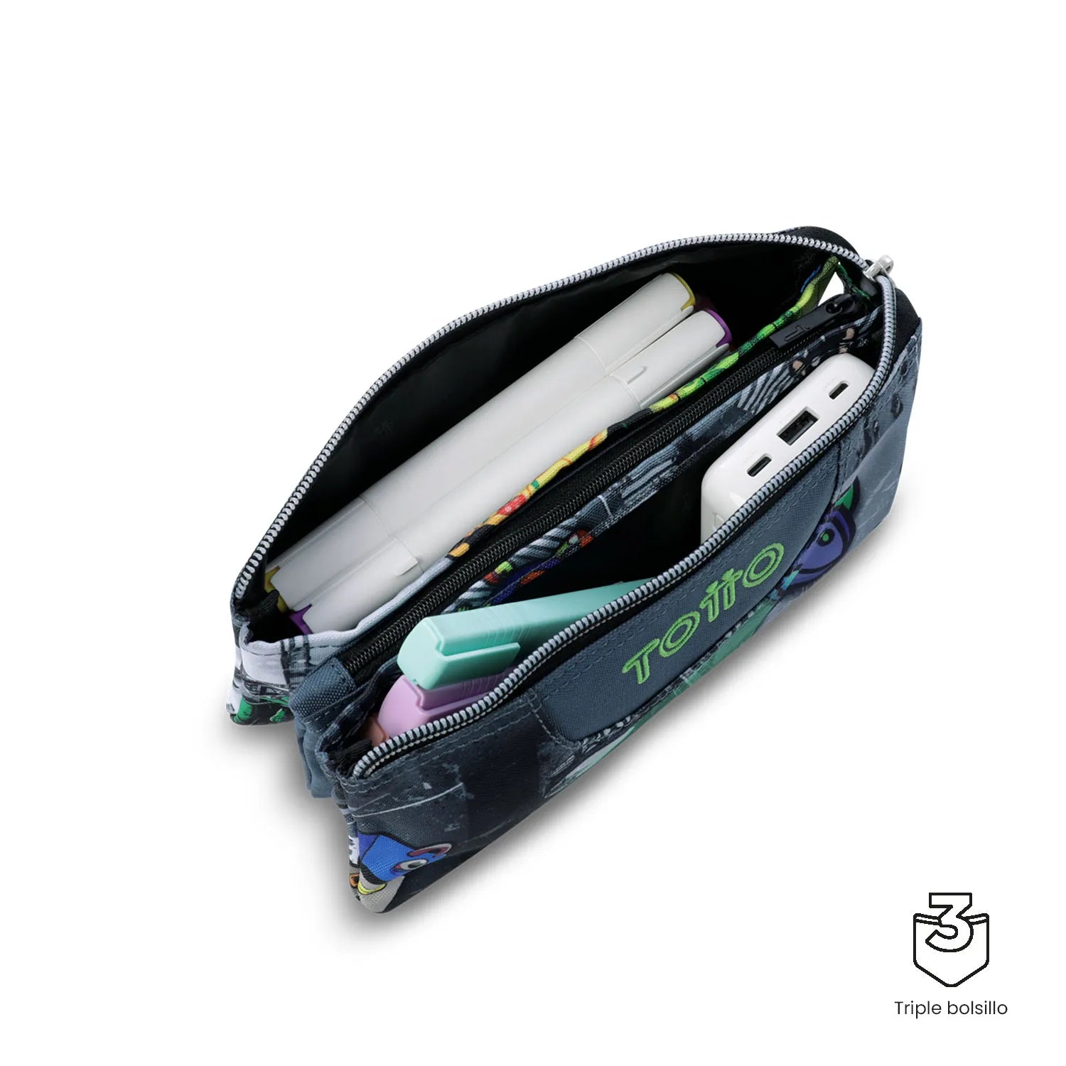 Totto 3 Compartments Pencil Case 11 x 22 x 3.5cm - Multiuso Tablero - 2EC