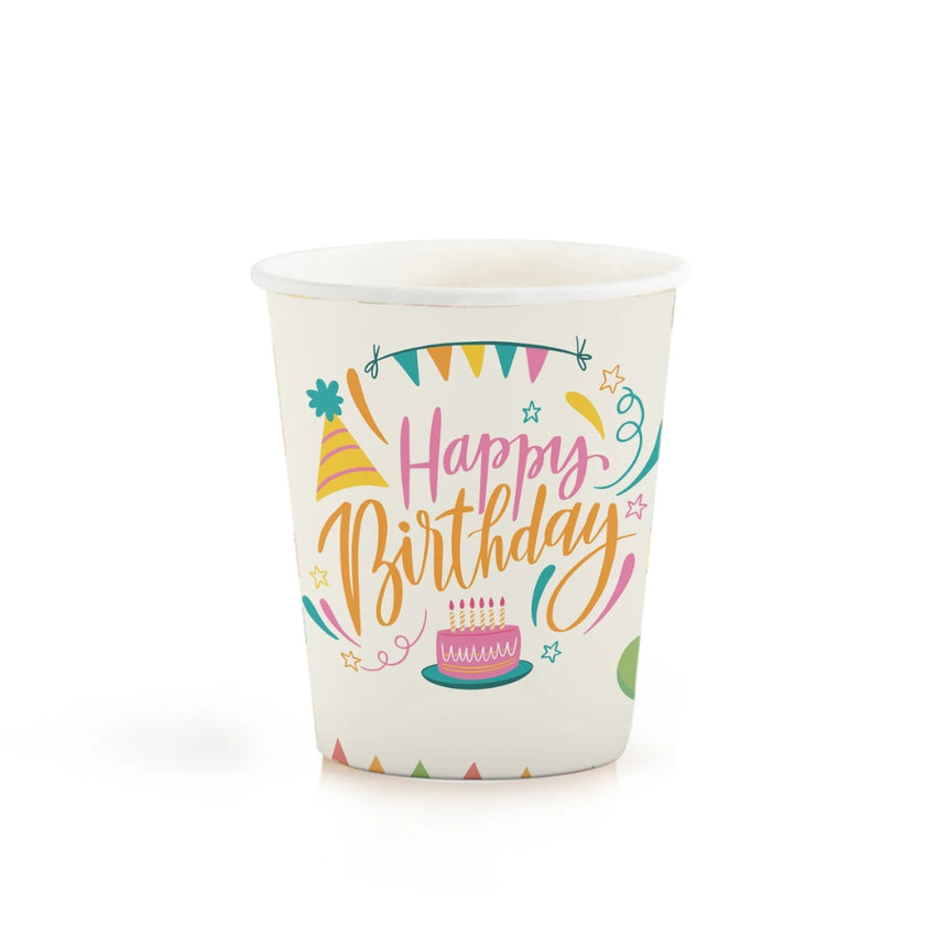 Clendy Compostable Paper Cups 240ml A Pack Of 25pcs - Happy Birthday