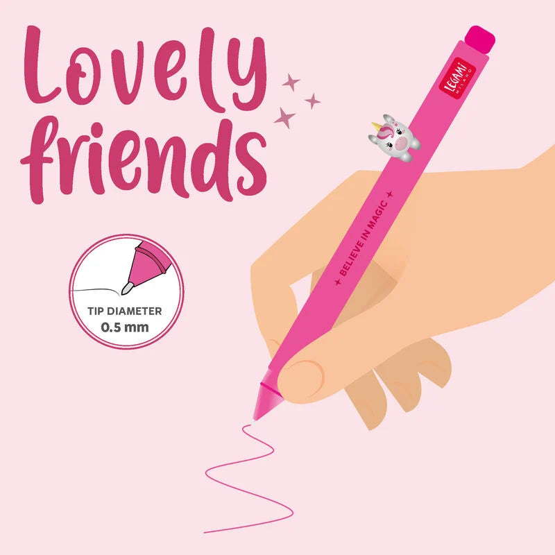 Legami Lovely Friends Gel Pen 0.5mm Neon Pink Ink - Unicorn