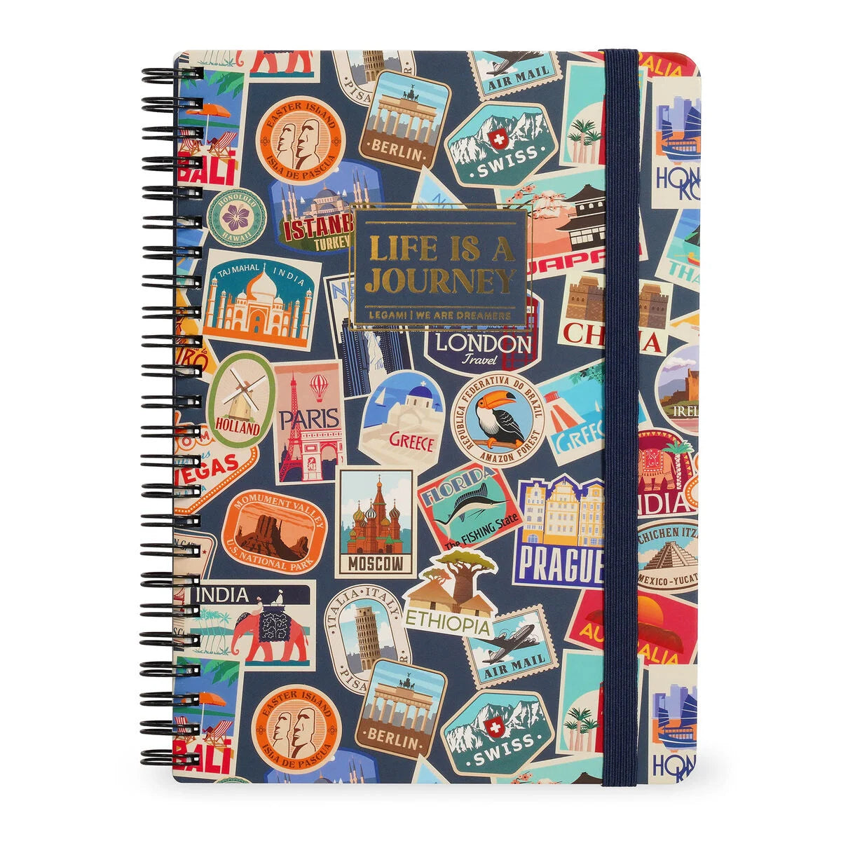 A4 Legami Spiral-Bound Lined Notebook With Illustrated Hardcover - Travel Stickers