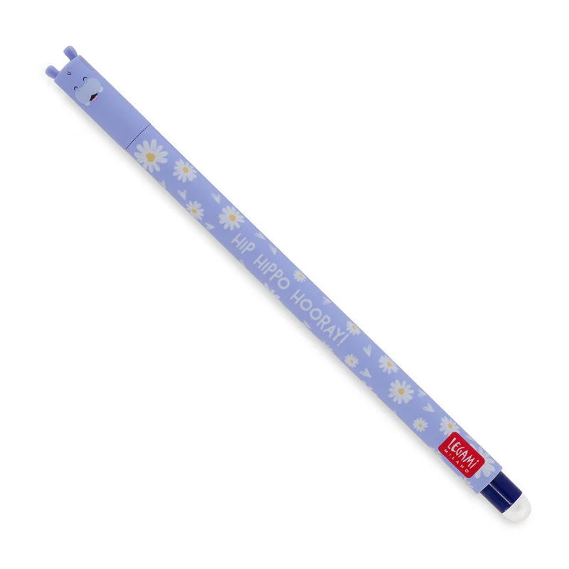 Legami Erasable Gel Pen 0.7mm Blue Ink - Hippo "Hip Hippo Hooray!"
